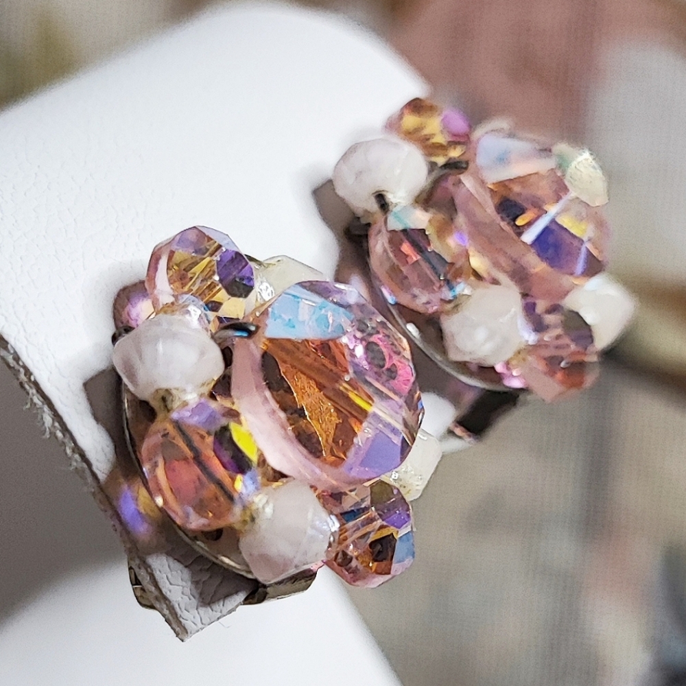 Pink Aurora Borealis Crystal Vintage Petite Clip Silver Tone Earrings